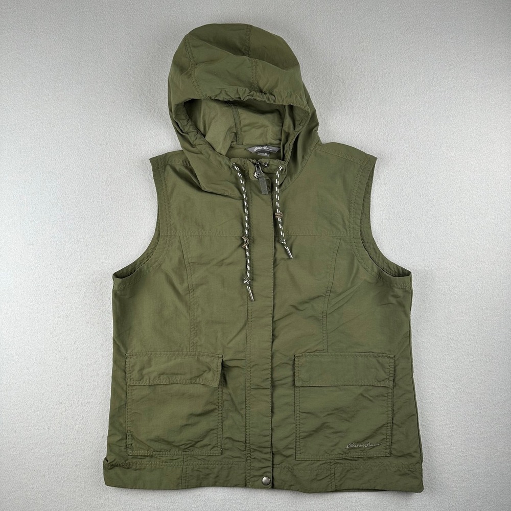 Eddie Bauer Utility Vest Women XL Olive Green Hooded Nylon Full Zip Cargo 1399